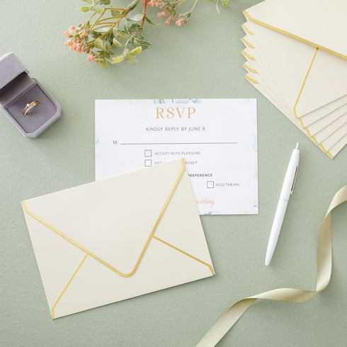 Juvale 50 Pack 5x7 Ivory Envelopes for Wedding Invitations, A7 Size with Gold Foil Edges for Bridal Shower