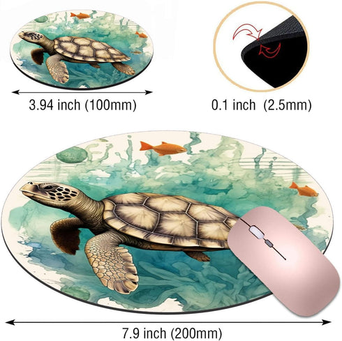 Round Mouse Pad with Coasters Set, Turtle World Map Design, Non-Slip Rubber Mousepad for Computers, Desk Decor