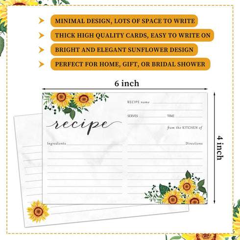 Zonon 50 Pieces Sunflower Recipe Cards, 4x6 Double Sided Kitchen Note Cards for Wedding, Bridal Shower