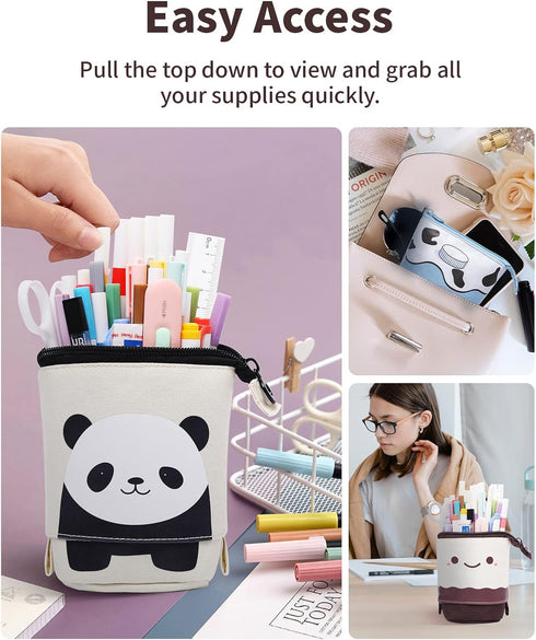 Sooez Cute Panda Standing Pencil Case, Durable Pop Up Telescopic Holder, Spacious Portable Pouch for School Office