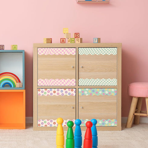 Whaline 196.8ft Pastel Boho Bulletin Board Borders, Daisy Flower Checkered Die-Cut Trim for Classroom Office
