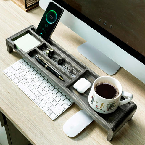 MyGift Desk Organizer Keyboard Shelf, Vintage Weathered Gray Solid Wood Office Storage Tray with 5 Compartments