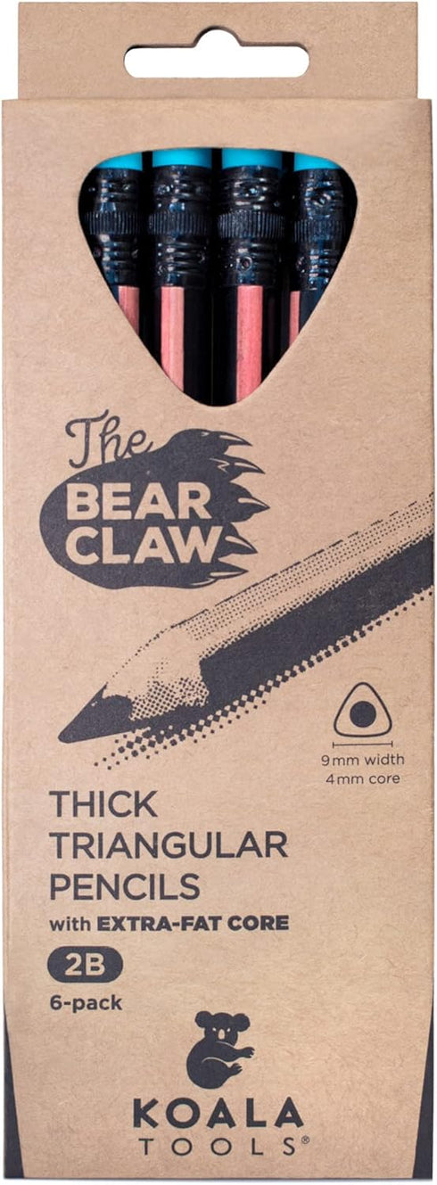 KOALA TOOLS Bear Claw Pencils 1-Pack (6 Pencils) - Thick, Triangular Grip, Graphite, 2B Lead with Eraser