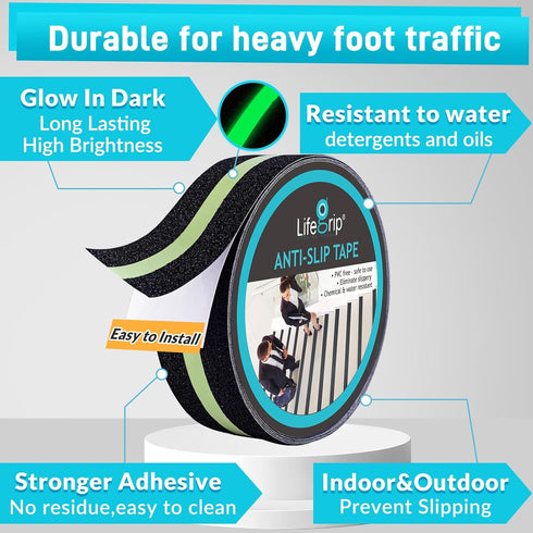LifeGrip Anti Slip Traction Tape, 2 Inch x 15 Feet, Glow in Dark Green Stripe, Best Grip Tape