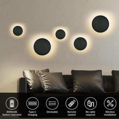Dimmable,9 Room(9.5 Wall Lights Battery Operated Wall Sconces,Black Rechargeable Solar Eclipse Style Wall Light
