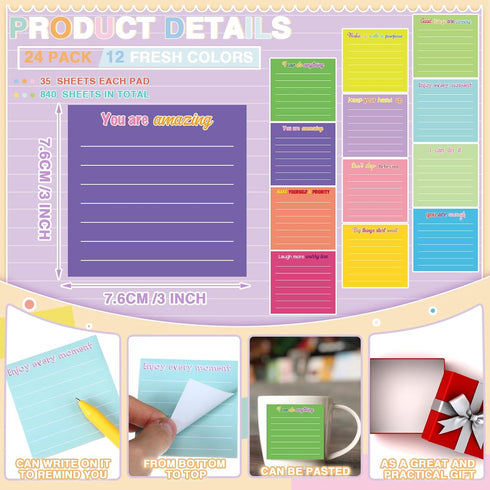 Yinder 24 Pcs Inspirational Sticky Notes - Cute Motivational Sticky Note Pad, Appreciation Sticky Notes Gifts for