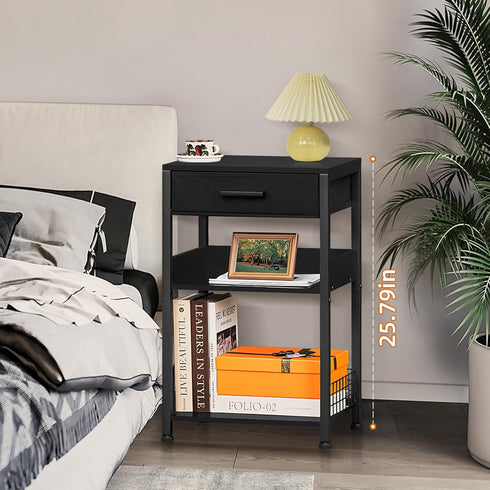 Lerliuo Pure Black Printer Table - 3 Tier Industrial Wood Stand with Fabric Drawer, Modern Tall End Table