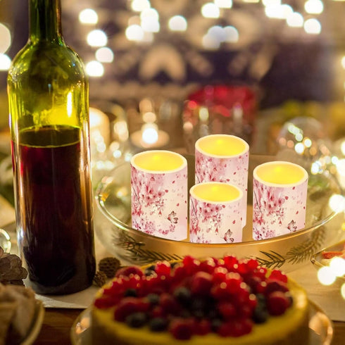 Cozeyat 4 Pack Pink Blossom Flameless Candles Battery Operated LED Pillar Candles with Remote Timer Color Changing