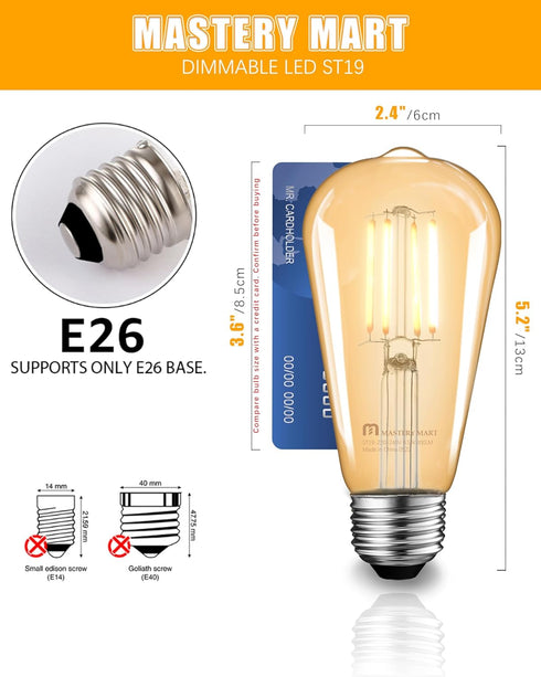 MASTERY MART Dimmable Vintage E26 LED Light Bulb, 2200K Warm White 5.5W (60 Watt Equivalent), Glass ST21 Antique Edison Style, 500LM, Decorative Filament Bulb, UL and Energy Star, 6 Pack by MASTERY MART