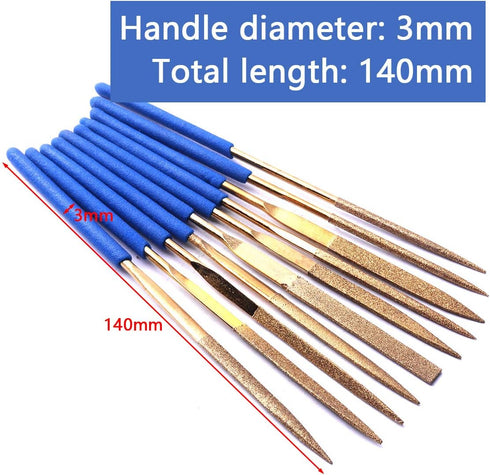 ATOPLEE Mini Diamond Needle File Set - 10pcs 3x140mm Titanium Coated Files for Metal Glass Wood