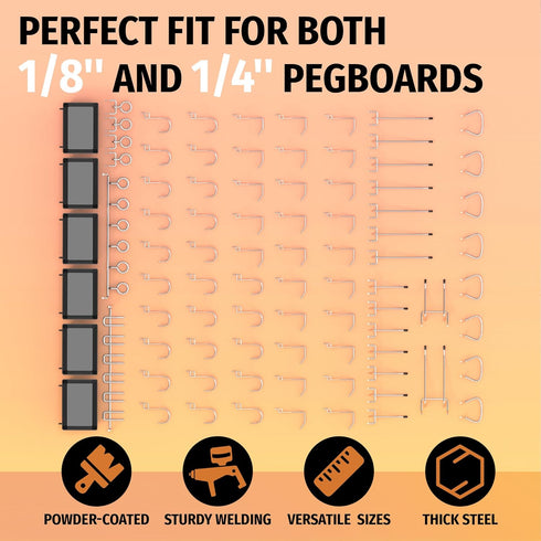 HUHOLE Pegboard Hooks Assortment 86PC, Pegboard Accessories with Pegboard Bins, Garage Tool Organizer, Fit 1/8 Inch and 1/4 Inch Peg Board by HUHOLE