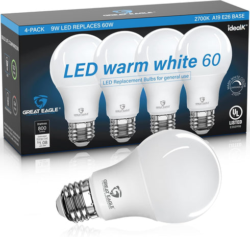 Great Eagle A19 LED Light Bulb, 9W (60W Equivalent), 2700K Warm White, Dimmable, Standard Replacement (4 Pack)