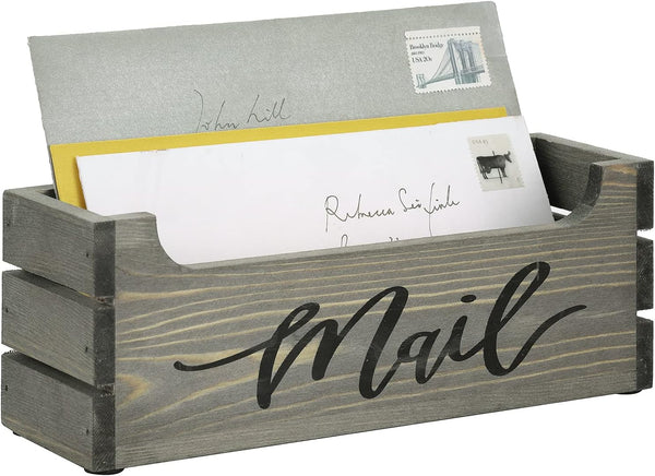 MyGift Vintage Weathered Gray Solid Wood Mail Holder Box, Crate Style Desktop Letter Storage with Decorative Mail Label