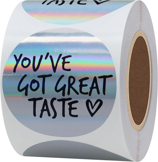 Hybsk Great Taste Holographic Silver & Black Ink Business Stickers, 300pc Round 2" Labels