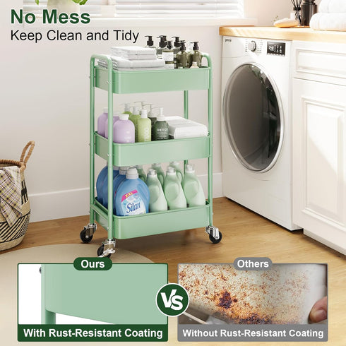 Aofure 3 Tier Rolling Storage Cart Metal with Wheels, Green Baby Diaper Caddy Carts, Three Tiered Craft Cart Organizer
