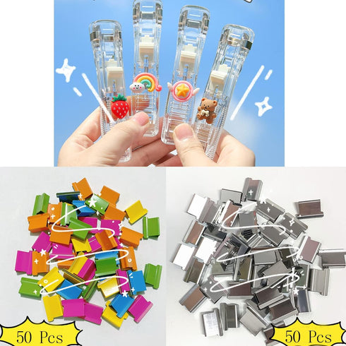 Office Supplies Push Stapler, Portable Handheld Small Reusable Clam Clip, 5 Pack Binder Dispenser with 100 Clips