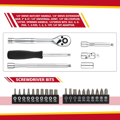TOHOME 1/4" Set 74-Piece, 1/4 Set 1/4" Set (5/32-Inch- 9/16-Inch, 4mm-14mm) Drive Socket Drive Master Socket