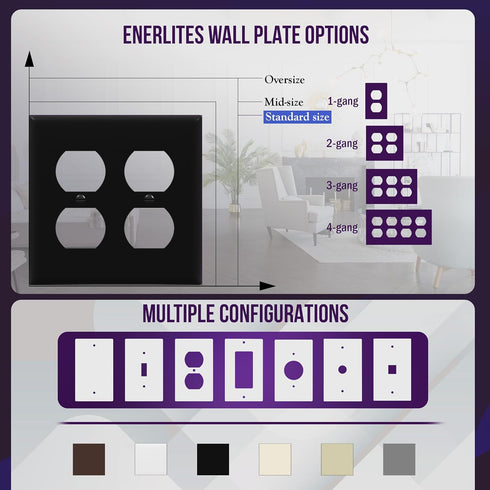 ENERLITES 8822-BK Double Duplex Wall Plate, 2-Gang Electrical Outlet Cover, Black, Unbreakable Polycarbonate