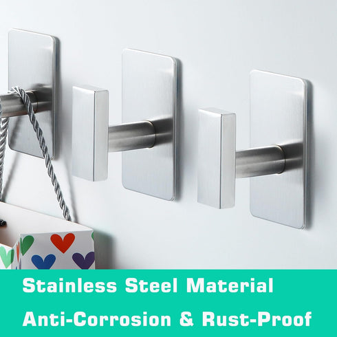 (4-Pack) Adhesive Towel Hooks, Square Stainless Steel Wall Hooks for Bathroom, Kitchen, Hanging Hats, Coats