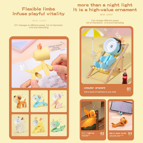Mini LED Desk Lamp Cute Small Phone Holder Creative Dog/Deer Shape Night Light Portable Small Desk Light Adjustable