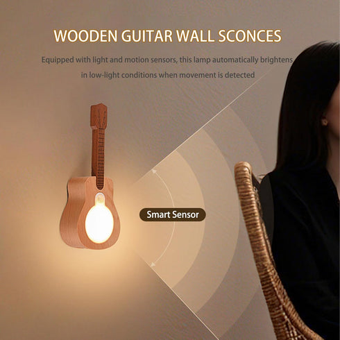 WangMoxi Wooden Guitar Motion Sensor Light Indoor,Peel and Stick Wall Sconces Battery Operated,Magnetic Lights