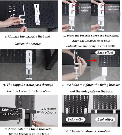 Desk Clamp 2Pcs, Pegboard Fixing Bracket for Desktop Accessories, Metal Organizer Bracket, Black