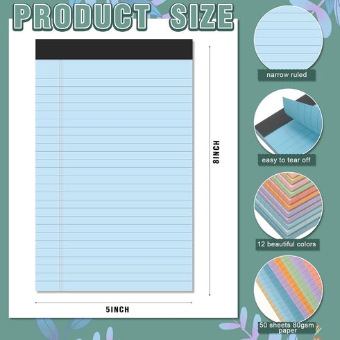 Fuutreo 24 Pcs 5" x 8" Legal Pad Writing Notepads, 50 Sheets/Pad, Narrow Ruled, Multicolor for School Office Supplies