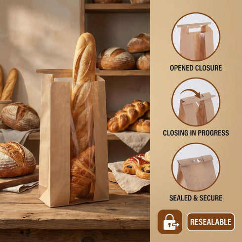 YALOJE 20 9.8 4.7 2 Inches Packaging Pcs Bread Bags with Tin Tie Tab Lock, * * Brown Kraft Paper Bakery Bags
