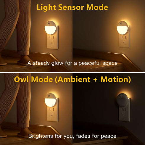 YUNLEX 2 Pack Dimming, 3 Plug in Night Light with Motion Sensor and Dusk to Dawn Sensor, Stepless Warm White LED