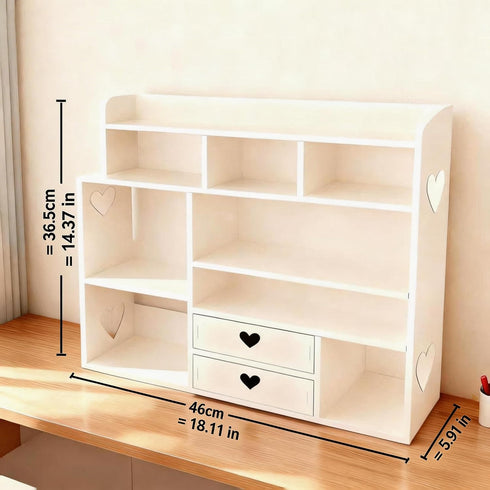 White Heart Drawer Bookshelf, Desktop Organizer with Shelves & Heart-Shaped Drawer for Desk, Office, Dorm - Display