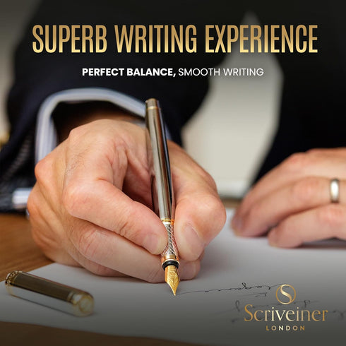Scriveiner Silver Chrome Fountain Pen - Stunning Luxury Pen with Real Gold Finish, Schmidt Gilded Nib (Fine), Best Gift