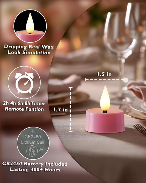 3D 300+Hour Set 24 Amagic Flameless Pink Timer Remote Tealights Candles, Black Wick Flickering Tea Light, Colored