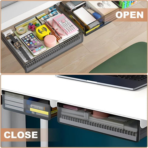 Under Desk Storage Organizer, 2 Pack Slide Out Large & Medium Drawers, Attachable Pencil Tray for Desktop