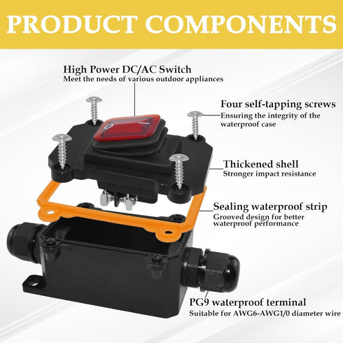 Inline Cord Switch, DC 12V 30A DPST Outdoor Electrical Start Stop Toggle Switch, IP67 Waterproof, 4Pin 2 Position