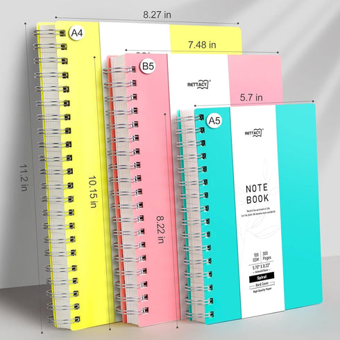 RETTACY Spiral Notebook - A5 College Ruled, 300 Pages, 100 GSM Premium Acid-Free Paper, Twin-Wire Binding, 5.7" × 8.22"