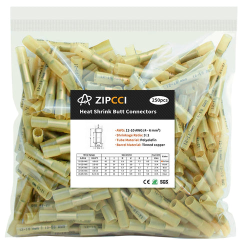 12-10 AWG Heat Shrink Butt Connectors, 250Pcs Yellow Waterproof Crimp Electrical Wire Connectors
