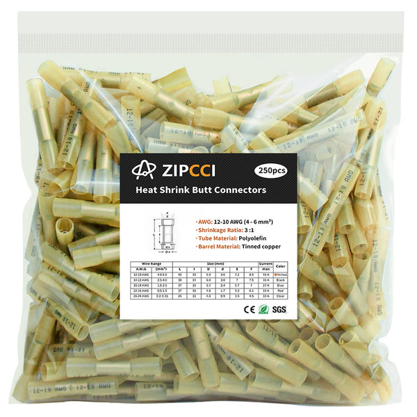 12-10 AWG Heat Shrink Butt Connectors, 250Pcs Yellow Waterproof Crimp Electrical Wire Connectors