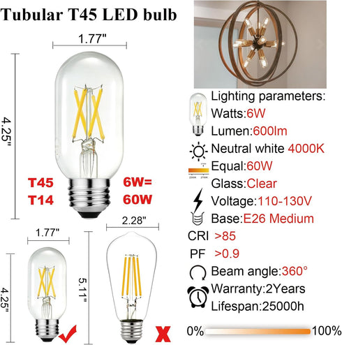 LiteHistory E26 Edison Bulb, 6W Equivalent, 60 Watt Dimmable Neutral White 4000K, 600lm, Pack of 6