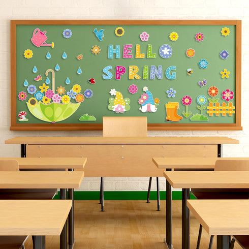 Konsait Spring Bulletin Board Decorations, 68Pcs Set, Big Umbrella Flowers, Waterdrop Cutouts for Classroom