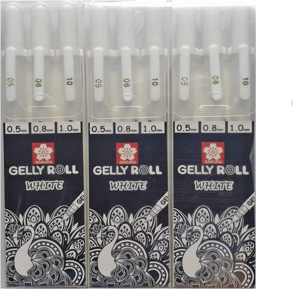 Sakura Gelly Roll White gel pens White assorted sizes, 05 Fine / 08 Medium / 10 Bold - 9 pen bundle by SAKURA
