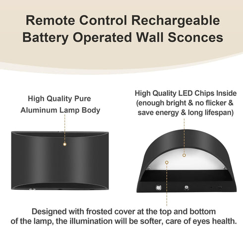 Dimmable 3000K/4000K/6000K Hallway(Black,2P) TRLIFE Rechargeable Battery Operated Wall Sconces, Remote Control LED Wall