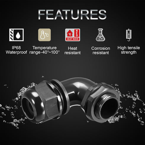 LeMotech M12 Cable Gland, 90 Degree Adjustable 4-8mm Strain Relief Cord Connectors, 2 Pcs, Black