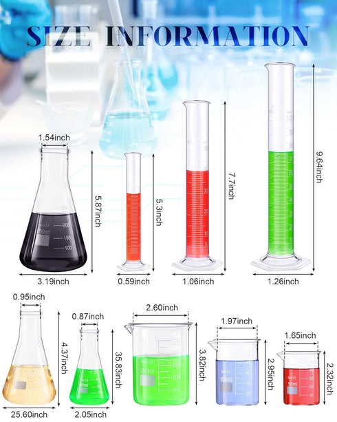 18 Pieces Lab Glassware Set - Beaker, Flask, Cylinder Set with Droppers, Brushes, and Stirring Rod