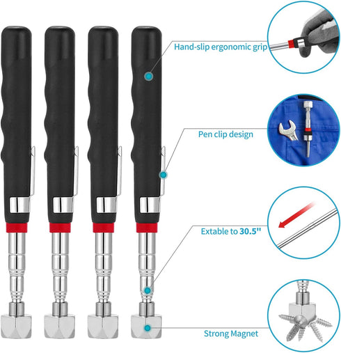 Rechabite 4 Pieces Telescoping Magnetic Pickup Tool, 20LBs Extendable 7" to 30.5" with Pen Clip Design for Men