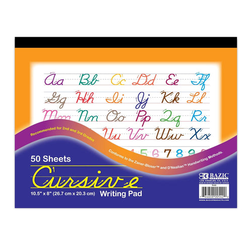BAZIC 50 Sheet Cursive Writing Pad, 10.5" X 8", Handwriting Practice Workbook, Grades 2-3, 1-Pack