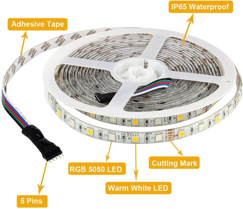 IP65 3500K 16.4ft 300leds 5050 SUPERNIGHT RGBWW LED Strip Light Waterproof RGB Color Changing Rope Lighting with Warm