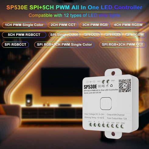 PAUTIX SP530E WiFi Alexa Bluetooth LED Controller Support PWM Monochrome CCT RGB RGBW RGBCCT or SPI TTL IC Chip LED Strip/Matrix WS2811 WS2812B WS2813 WS2814,for COB/SMD LED Strip Light DC5V/12V/24V