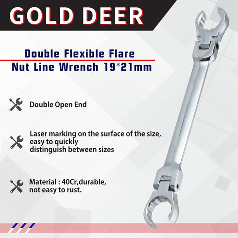 Flex Head Flare Nut Wrench Set, 19 * 21mm Flexible Flare Nut Wrench for Automotive and Plumbing Repairs