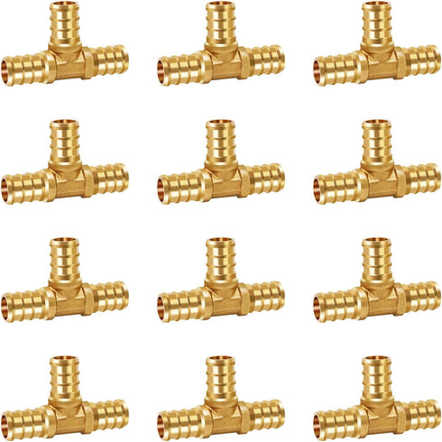 1/2 Inch PEX Tee Fitting, Brass Coupling for Water Pipes, 12 Pcs Quick Press Barb into Crimp Ring