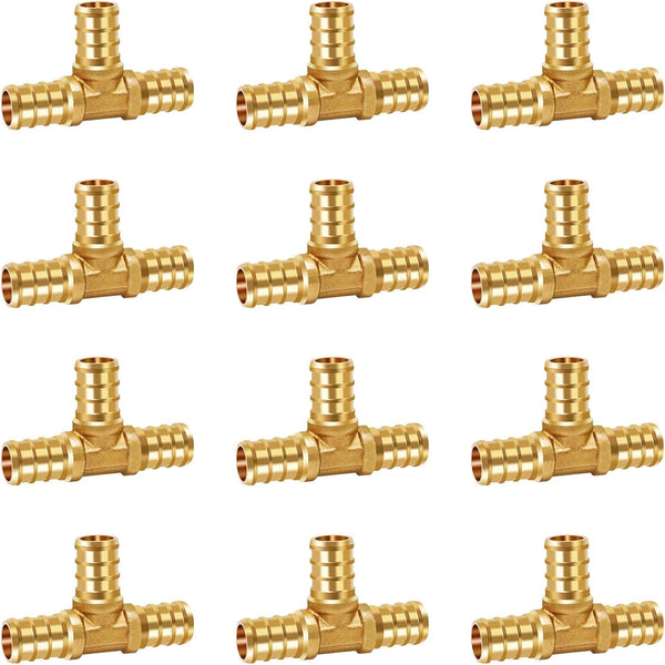 1/2 Inch PEX Tee Fitting, Brass Coupling for Water Pipes, 12 Pcs Quick Press Barb into Crimp Ring